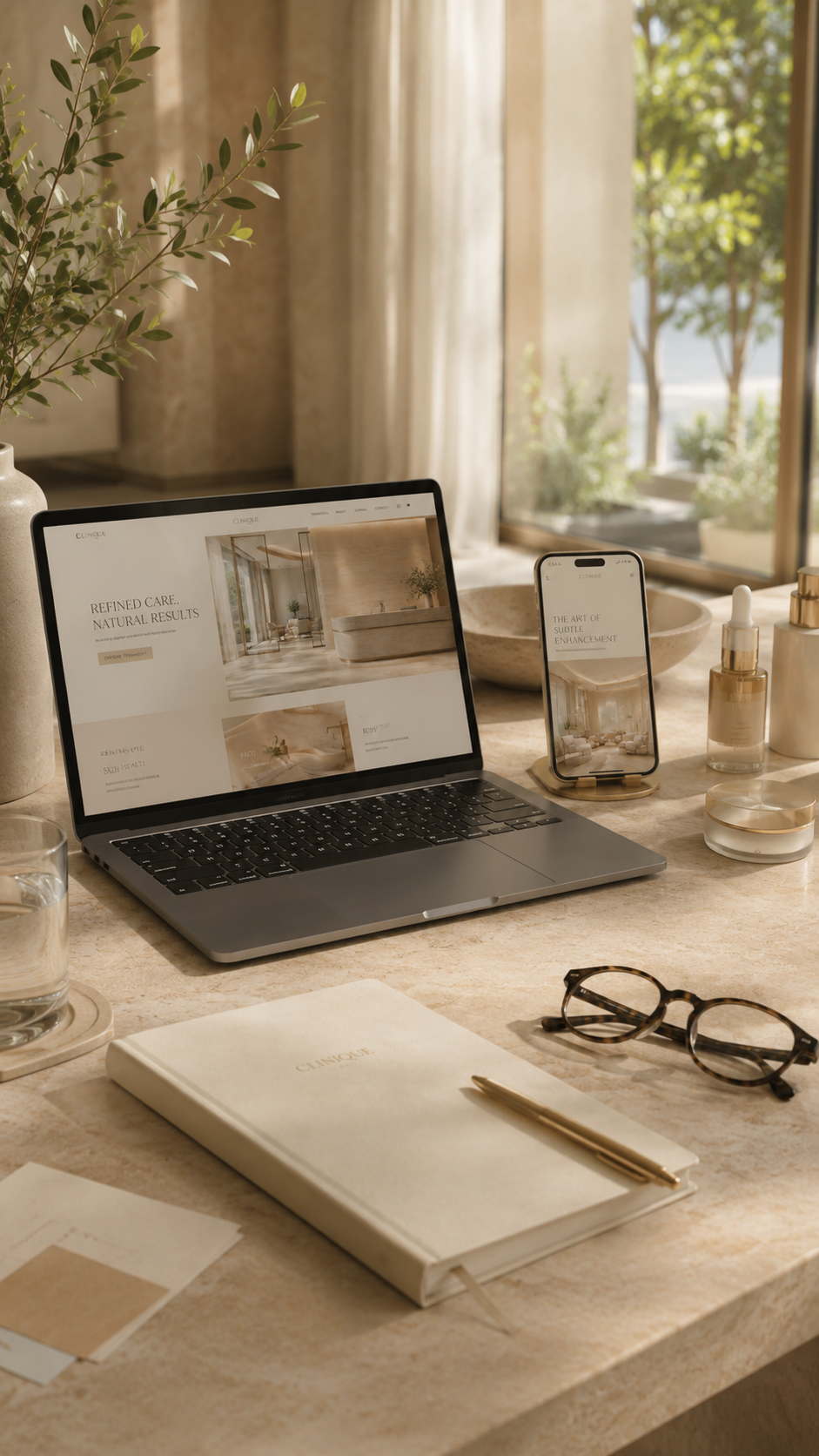 Recepção sofisticada de clínica estética com arquitetura clara e atendimento de alto padrão